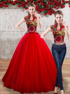 Red Sleeveless Appliques Floor Length 15th Birthday Dress