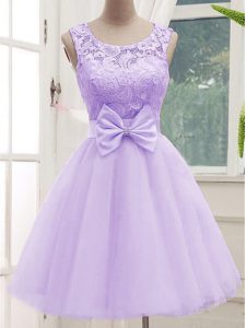 Lavender A-line Lace and Bowknot Vestidos de Damas Lace Up Tulle Sleeveless Knee Length