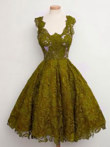 Vintage Olive Green Lace Lace Up Straps Sleeveless Knee Length Dama Dress for Quinceanera Lace