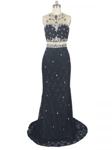 Custom Designed Zipper Prom Party Dress Black for Prom and Party and Military Ball with Beading and Lace Brush Train