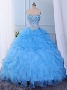 Exceptional Baby Blue Ball Gowns Organza Sweetheart Sleeveless Beading and Embroidery and Ruffled Layers Floor Length Lace Up Sweet 16 Dress