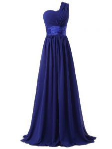 Cute Royal Blue Empire One Shoulder Sleeveless Chiffon Floor Length Lace Up Ruching Quinceanera Court of Honor Dress