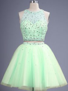 Amazing Yellow Green Tulle Lace Up Scoop Sleeveless Knee Length Quinceanera Court of Honor Dress Beading