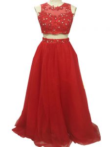Red Sleeveless Beading and Appliques Zipper Dress for Prom