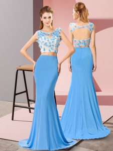 Backless Prom Dress Baby Blue for Prom and Beach with Beading and Hand Made Flower Brush Train