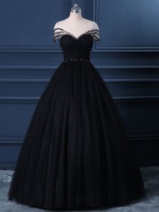 Clearance Tulle Scoop Short Sleeves Side Zipper Beading Prom Dresses in Black