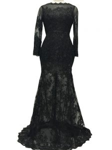 Brush Train Mermaid Prom Evening Gown Black Bateau Lace Long Sleeves Backless