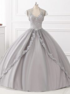 Dazzling Grey Ball Gowns Beading and Appliques Sweet 16 Quinceanera Dress Lace Up Tulle Sleeveless Floor Length