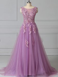 Modern Lace Up Dress for Prom Lilac for Prom and Party with Appliques and Pattern Brush Train