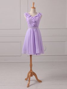Suitable Lavender Dama Dress for Quinceanera Prom and Party and Wedding Party with Lace and Appliques V-neck Sleeveless Lace Up