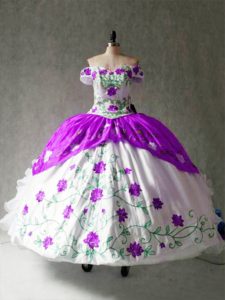 Edgy Off The Shoulder Cap Sleeves Lace Up Quinceanera Dresses White And Purple Organza and Taffeta