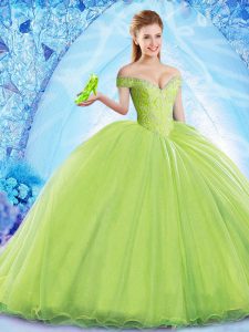 Beauteous Yellow Green Off The Shoulder Lace Up Beading Ball Gown Prom Dress Brush Train Sleeveless