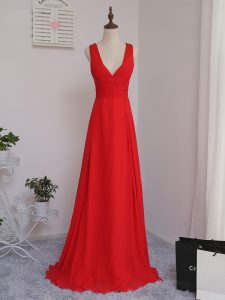 Custom Fit Red V-neck Zipper Ruching Quinceanera Dama Dress Sleeveless