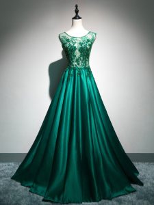 Dark Green Prom Gown Elastic Woven Satin Brush Train Sleeveless Beading and Lace and Appliques and Embroidery