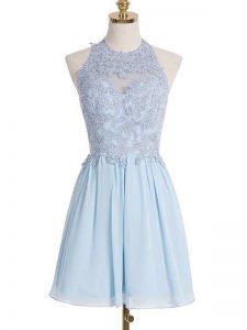 Adorable Light Blue Lace Up Halter Top Appliques Dama Dress for Quinceanera Chiffon Sleeveless