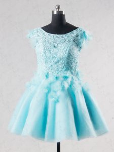 Most Popular Lace and Appliques and Hand Made Flower Prom Dress Aqua Blue Backless Short Sleeves Mini Length