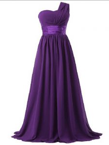 One Shoulder Sleeveless Chiffon Court Dresses for Sweet 16 Ruching Lace Up