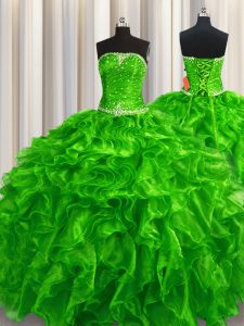 Colorful Green Ball Gowns Strapless Sleeveless Organza Floor Length Lace Up Beading and Ruffles Sweet 16 Dress