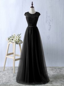 Black Tulle Zipper Evening Dress Sleeveless Floor Length Lace