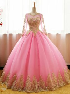 Most Popular Pink Ball Gowns Appliques Sweet 16 Dress Lace Up Organza Long Sleeves Floor Length