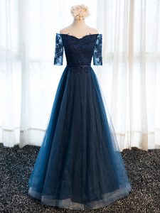 Navy Blue A-line Beading and Lace and Appliques Prom Gown Lace Up Tulle Half Sleeves Floor Length