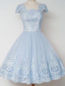 Low Price Cap Sleeves Tulle Knee Length Zipper Damas Dress in Light Blue with Lace