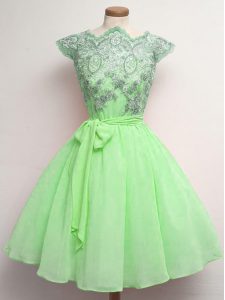 Customized A-line Chiffon Scalloped Cap Sleeves Lace and Belt Knee Length Lace Up Quinceanera Dama Dress