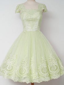 Fantastic Yellow Green Tulle Zipper Quinceanera Court of Honor Dress Cap Sleeves Knee Length Lace
