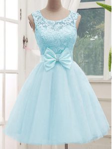 Sleeveless Knee Length Lace Lace Up Quinceanera Dama Dress with Aqua Blue