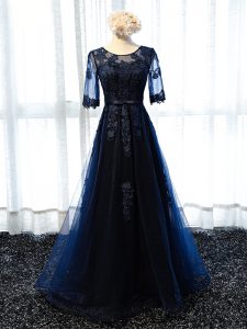 Scoop Half Sleeves Lace Up Navy Blue Tulle