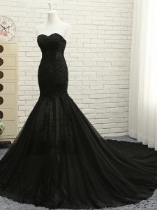 Flare Mermaid Sleeveless Black Prom Party Dress Court Train Lace Up