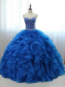 Graceful Sleeveless Floor Length Beading and Ruffles Lace Up Quinceanera Dress with Royal Blue