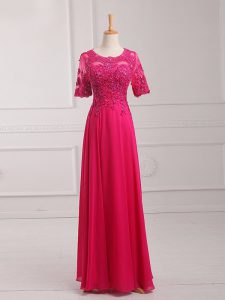 Hot Pink Empire Chiffon Scoop Half Sleeves Lace and Appliques Floor Length Zipper Evening Dress