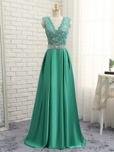 Flare V-neck Sleeveless Prom Dresses Floor Length Lace and Appliques Green Elastic Woven Satin