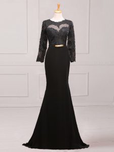 Discount Black Long Sleeves Brush Train Lace and Appliques and Belt Prom Dress