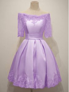 Edgy Lavender Short Sleeves Taffeta Lace Up Dama Dress for Quinceanera for Prom and Party and Wedding Party