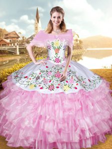 Rose Pink Lace Up Sweetheart Embroidery and Ruffled Layers Quince Ball Gowns Organza Sleeveless