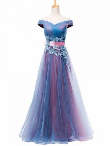 New Arrival Sleeveless Tulle Floor Length Lace Up Prom Dress in Multi-color with Appliques and Ruching and Belt