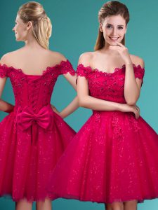 Red Cap Sleeves Tulle Lace Up Dama Dress for Prom and Party