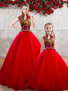 Popular Ball Gowns 15 Quinceanera Dress Red High-neck Organza Sleeveless Floor Length Lace Up