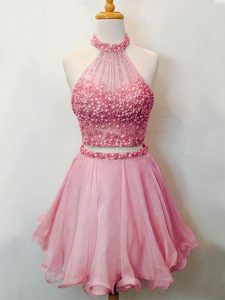 Pink Lace Up Halter Top Beading Vestidos de Damas Organza Sleeveless