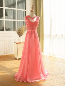 Spectacular Watermelon Red Empire Scoop Sleeveless Chiffon Floor Length Zipper Beading and Lace and Appliques Prom Evening Gown