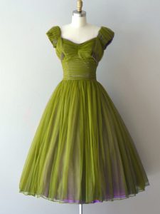 Knee Length Olive Green Quinceanera Court Dresses V-neck Cap Sleeves Lace Up