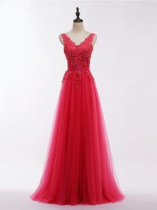 Tulle V-neck Sleeveless Backless Lace and Appliques Prom Evening Gown in Coral Red