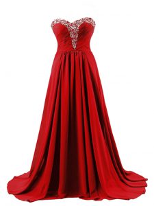 Red Prom Dress Elastic Woven Satin Brush Train Sleeveless Beading
