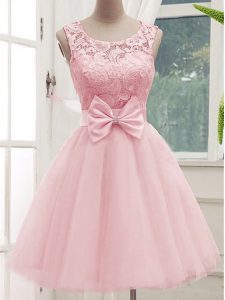 Stunning Scoop Sleeveless Damas Dress Knee Length Lace and Bowknot Baby Pink Tulle