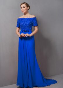 High Class Empire Short Sleeves Blue Prom Evening Gown Sweep Train Zipper