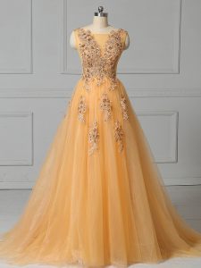 Dazzling Scoop Sleeveless Tulle Prom Dresses Appliques and Pattern Brush Train Lace Up