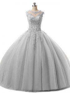 Ball Gowns Quinceanera Gown Grey Scoop Tulle Sleeveless Floor Length Lace Up