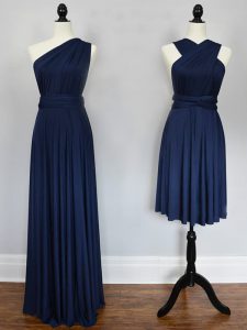 Exquisite Navy Blue Empire Chiffon Halter Top Sleeveless Ruching Floor Length Lace Up Dama Dress